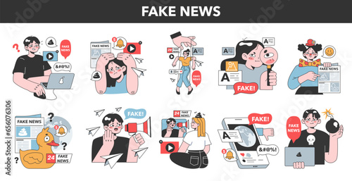 Fake news set. Manipulation and control over people mind. Media influencing