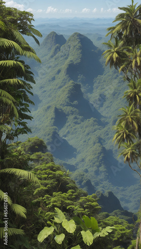 A tropical environment, a rainforest with black mountains in the far distance - AI Generative
