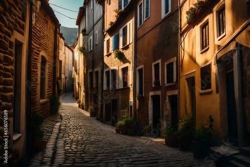 A worn-out  cobblestone alleyway in an ancient European town - AI Generative