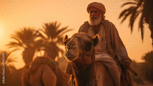 an elderly man riding a camel, silhouetted against an orange Saharan sunset. A Bedouin man riding a camel against the backdrop of a beautiful and marvelous surreal nature of the desert. generative AI