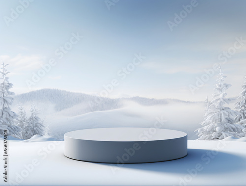White cylindrical podium stands in the center of a serene snowy mountain landscape.  © Botty