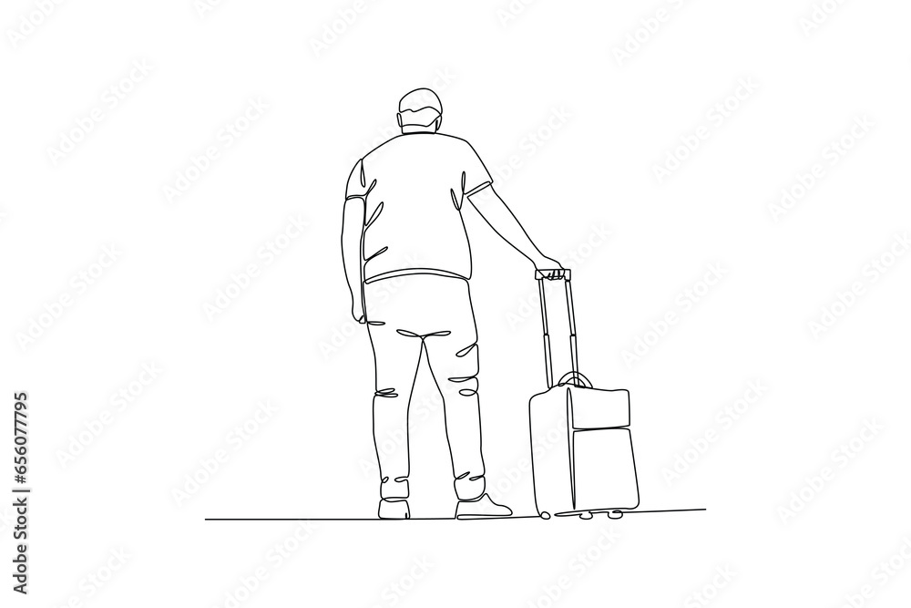 Single one line drawing back view of waiting for boarding. Ground Crew Signaling To Airplane at the airport. Airport activity concept. Continuous line draw design graphic vector.