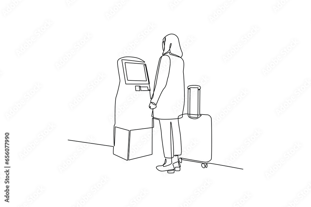 Single one line drawing of woman was check in online. Ground Crew Signaling To Airplane at the airport. Airport activity concept. Continuous line draw design graphic vector.