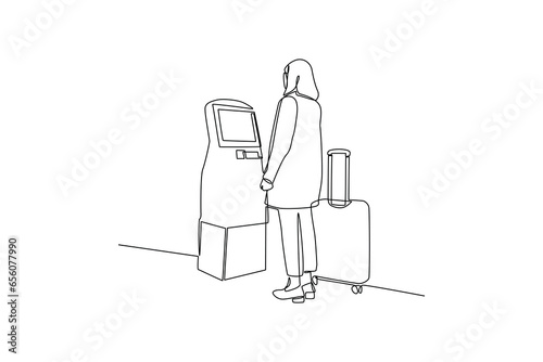 Single one line drawing of woman was check in online. Ground Crew Signaling To Airplane at the airport. Airport activity concept. Continuous line draw design graphic vector.