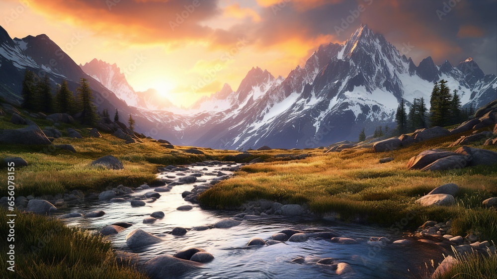 An alpine landscape with the sun setting over the peaks