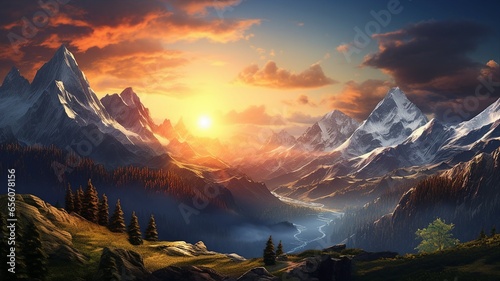 An alpine landscape with the sun setting over the peaks