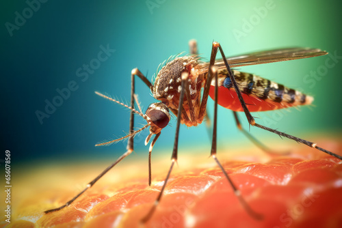 Close-up of a female mosquito landing on human skin and biting,
Mosquito-borne infections include viral diseases such as encephalitis, dengue fever, chikungunya fever, Zika virus, and malaria. photo