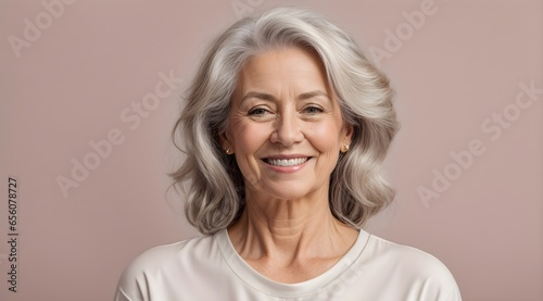 Portrait of beautiful elderly elegant woman smiling with grey hair isolated on clean background, banner with copy space text, template  © Karlo