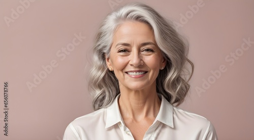 Portrait of beautiful elderly elegant woman smiling with grey hair isolated on clean background, banner with copy space text, template 