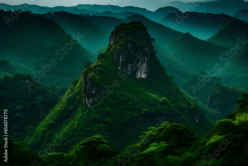 An imposing rock formation stands tall amidst the lush expanse of a jungle - AI Generative © Being Imaginative