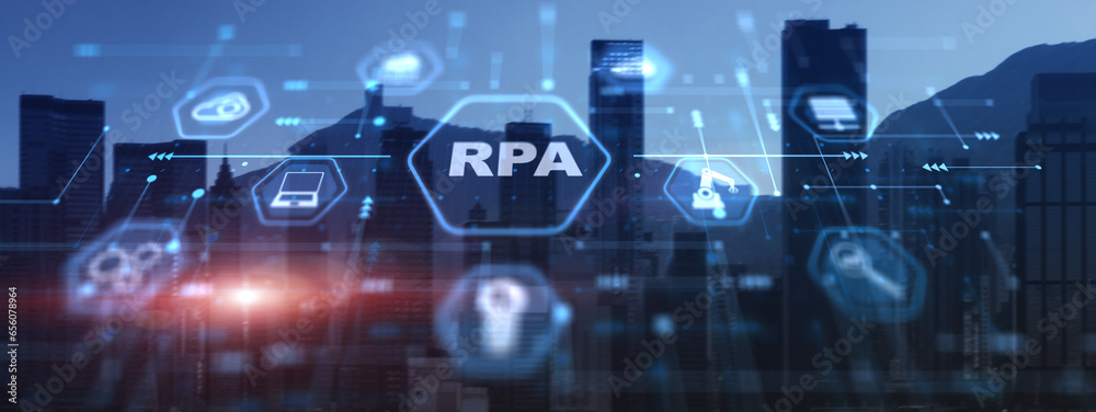 RPA Robotic Process Automation system. Artificial intelligence concept on city background RPA Robotic Process Automation system. Artificial intelligence concept on city background