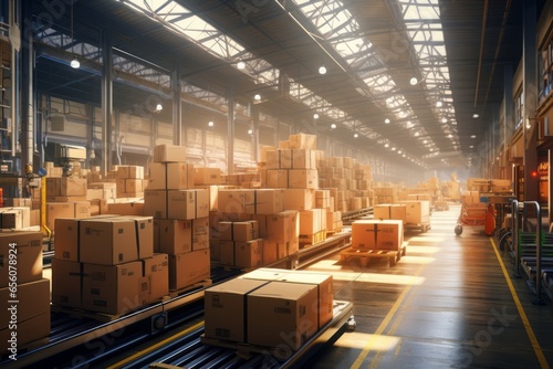 Cardboard boxes and pallet trucks in the shipping center of a large logistics company Online returns center Generative Ai photo