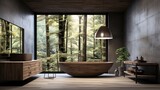 Modernes Wellness-Bad: Holzelemente und freistehende Badewanne für Erholung im Urlaub