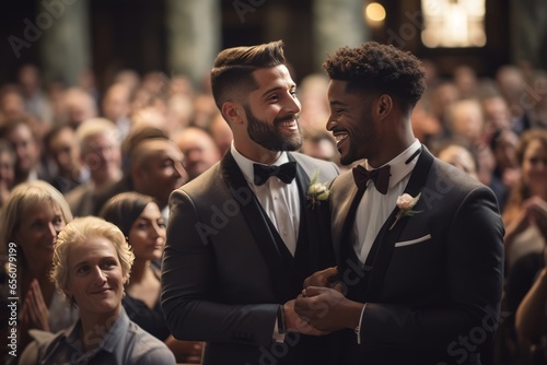 Gay couple of different ethnicities at the wedding Generative Ai