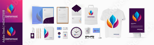 Multicolor branding template with modern minimal flower form logo and violet and blue backgrounds for school or beauty studio