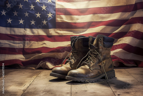 Conceptual image of Veteran's Day. Military boots and an American Flag reminiscent of veterans. Patriots, Military Service and Honoring Veterans, Sacrifice and Remembrance, Parade, Holiday Concept.