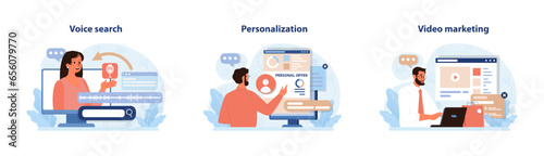 Digital marketing set. Marketing strategy development innovative techniques,