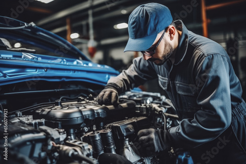 Shot of auto mechanic man focus working on a car in mechanics garage, repairing a car machine at car repair shop