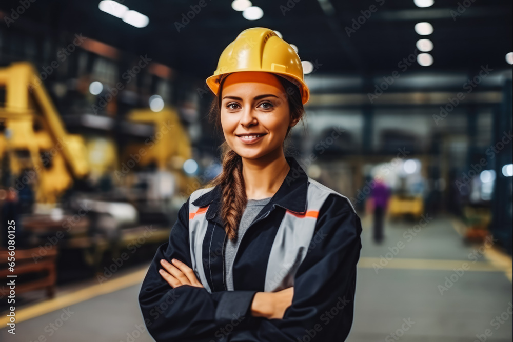 Beautiful young caucasian engineer at work smiling while dressed in safety vest and helmet, woman at work - obrazy, fototapety, plakaty 