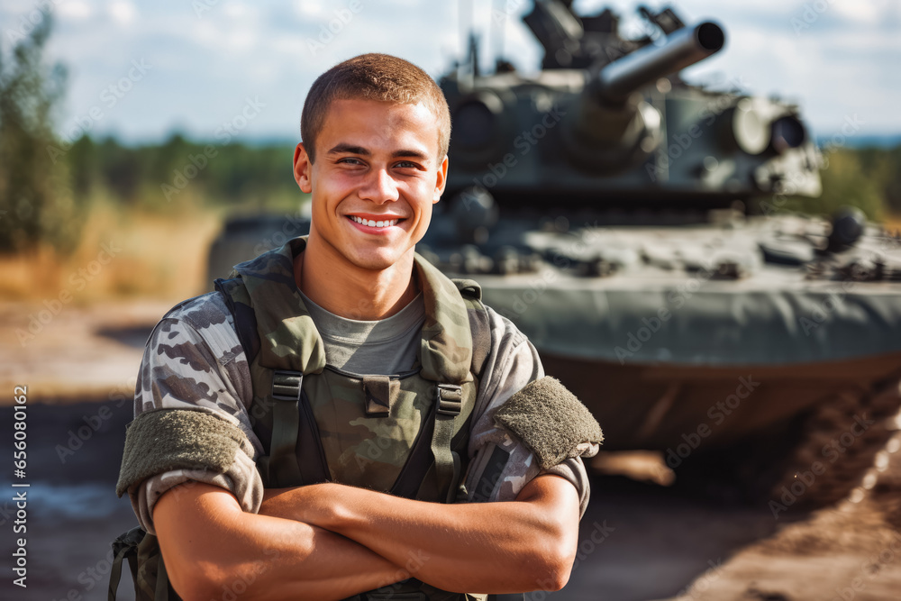 Portrait of smiling handsome caucasian solder in work uniform enjoying his time at job, brave man at his job in the army - obrazy, fototapety, plakaty 
