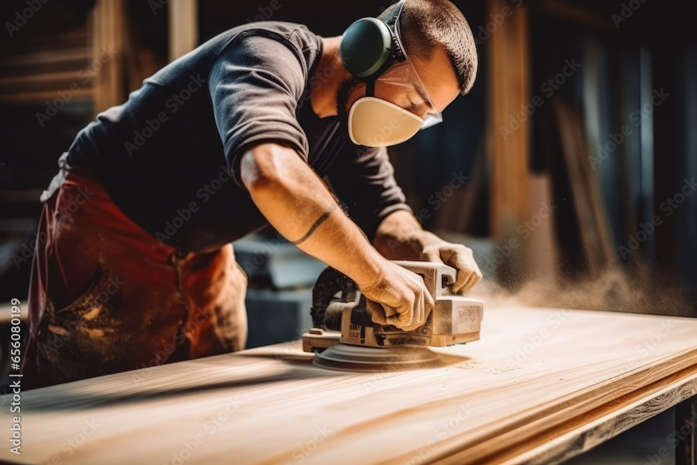 Male carpenter using sander on a piece of wood in his work shop, focusing on a job and wearing safety goggles while grinding - obrazy, fototapety, plakaty 