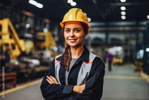 Beautiful young caucasian engineer at work smiling while dressed in safety vest and helmet, woman at work photo