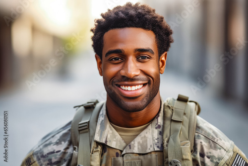 Portrait of smiling handsome african american solder in work uniform enjoying his time at job, brave man at his job in the army