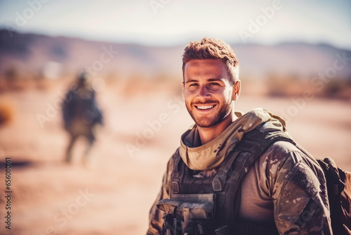 Portrait of smiling handsome caucasian solder in work uniform enjoying his time at job, brave man at his job in the army © VisualProduction