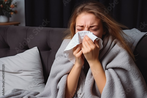 Young woman sneezing and coughing into white tissue while being sick and having a cold, feeling fever and being sick by a flu