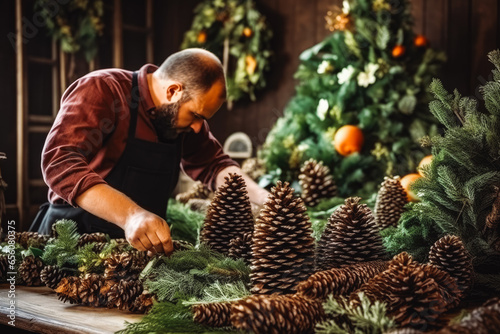 Close up of male florist creating new years drenching for decorations, winter wreath decorations for table