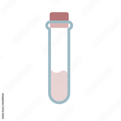 Isolated vector flat illustration of Laboratory test-tube with stopper. Vial with liquid or blood. Illustration of element of Lab diagnostics and Chemical research