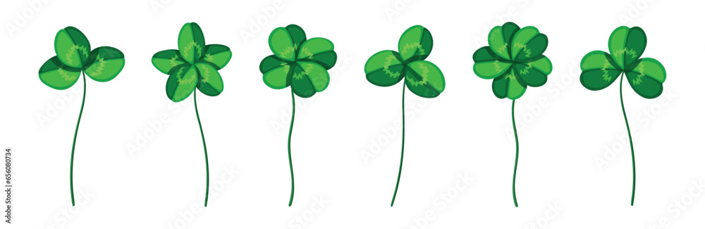 Set of fresh green clover leaves in cartoon style. Vector illustration of beautiful clover leaves of different shapes and sizes: three, four and five parts isolated on a white background. Set of fresh green clover leaves in cartoon style. Vector illustration of beautiful clover leaves of different shapes and sizes: three, four and five parts isolated on a white background.
