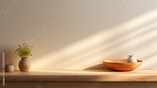 Empty minimal natural wooden table counter podium  beautiful wood grain in sunlight  shadow on white wall for luxury cosmetic  skincare  beauty treatment  decoration product display background 3D