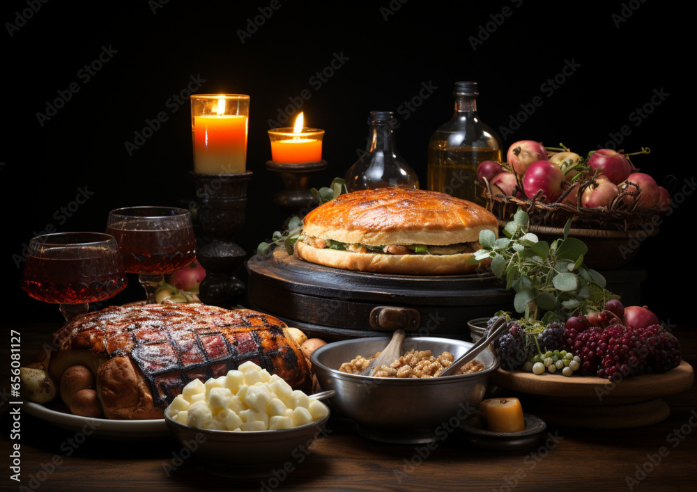 stół z potrawami, indykiem, na święto dziękczynienia - obrazy, fototapety, plakaty 