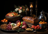 stół z potrawami, indykiem, na święto dziękczynienia
