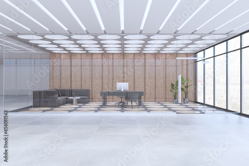 Luxury wooden and concrete office interior with window and city view, glass partition, creative flooring and furniture. 3D Rendering.