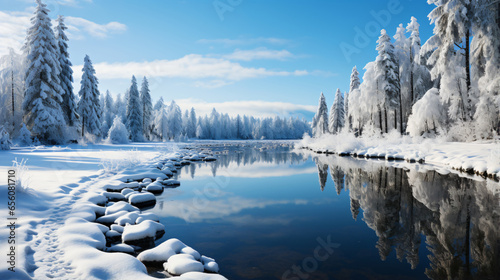 A calm river reflecting the blue sky and snow-covered trees runs through a serene winter landscape with a snow-covered riverbank and protruding rocks. 