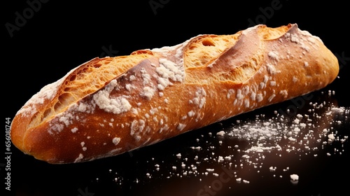 A freshly baked loaf of bread dusted with powdered sugar