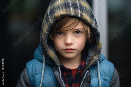 Portrait of a boy in a warm winter jacket and hood.