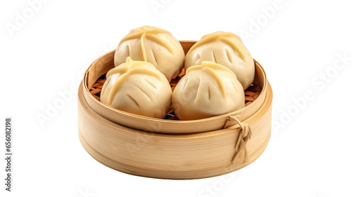 Steamed stuff custard bun in bamboo basket isolated on transparent or white background  photo