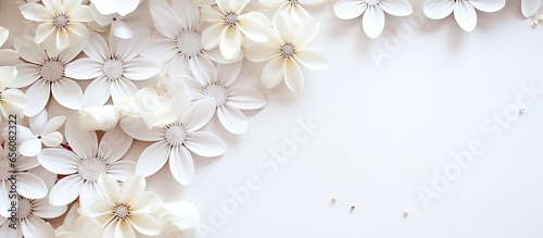 White flower composition with rustic elements hearts and a Valentines Day gift Flat lay view for text placement