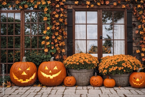 exterior of a house is decorated for helloween holiday with pumpkins, flowers and leaves, festive background