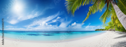 Beautiful beach with white sand, turquoise ocean, blue sky with clouds and palm tree over the water on a Sunny day.