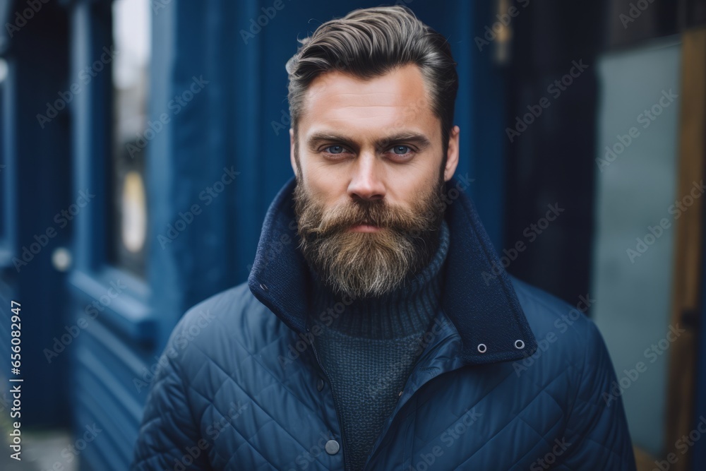 Portrait of a handsome bearded man in a blue jacket. Men's beauty, fashion. Portrait of a handsome bearded man in a blue jacket. Men's beauty, fashion.