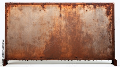 A rusty metal sign on a plain white background