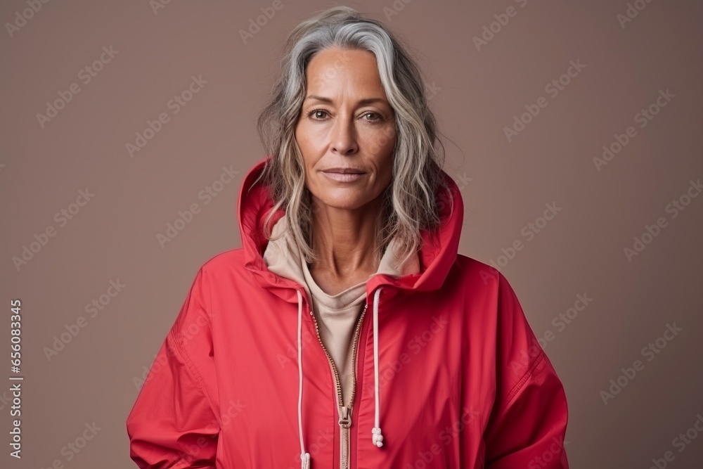 Portrait of a senior woman in a red jacket. Studio shot. Portrait of a senior woman in a red jacket. Studio shot.