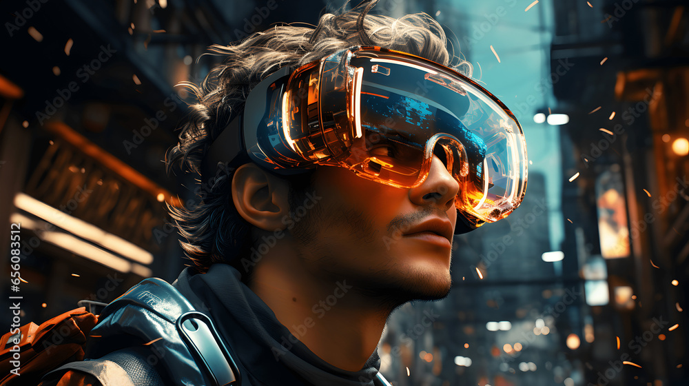 A man in cyber glasses and headphones stands with city lights behind him, in the style of cyber realism A man in cyber glasses and headphones stands with city lights behind him, in the style of cyber realism