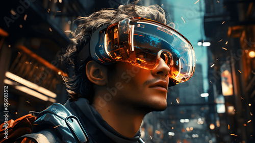 A man in cyber glasses and headphones stands with city lights behind him, in the style of cyber realism