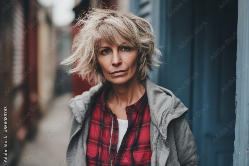 Portrait of a beautiful middle-aged woman with short blond hair in the city.