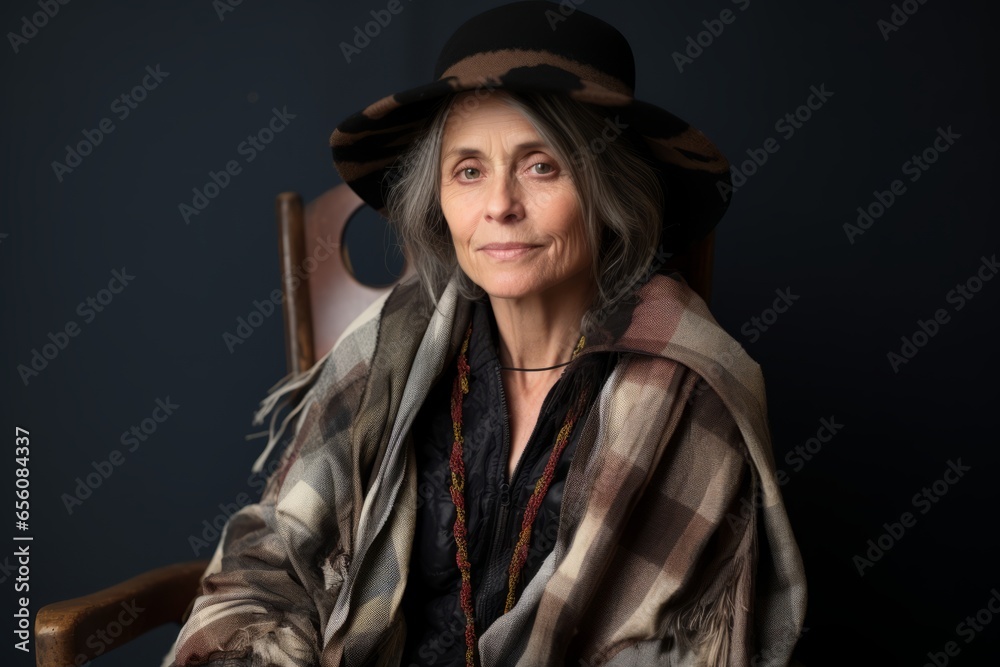 Portrait of a beautiful senior woman in hat and plaid. Portrait of a beautiful senior woman in hat and plaid.